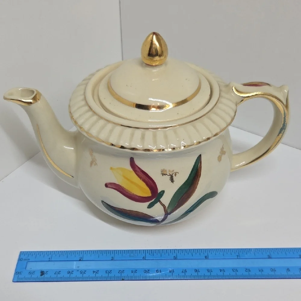 Floral Cream Teapot with Gold Accents